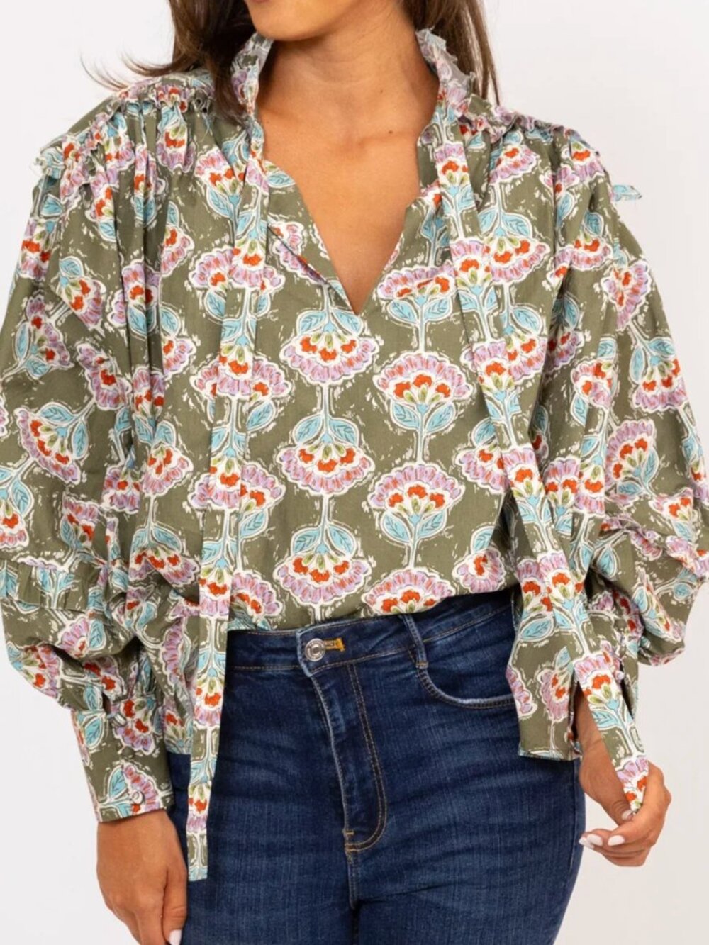 Karlie Olive Green Floral Tie-Neck Blouse